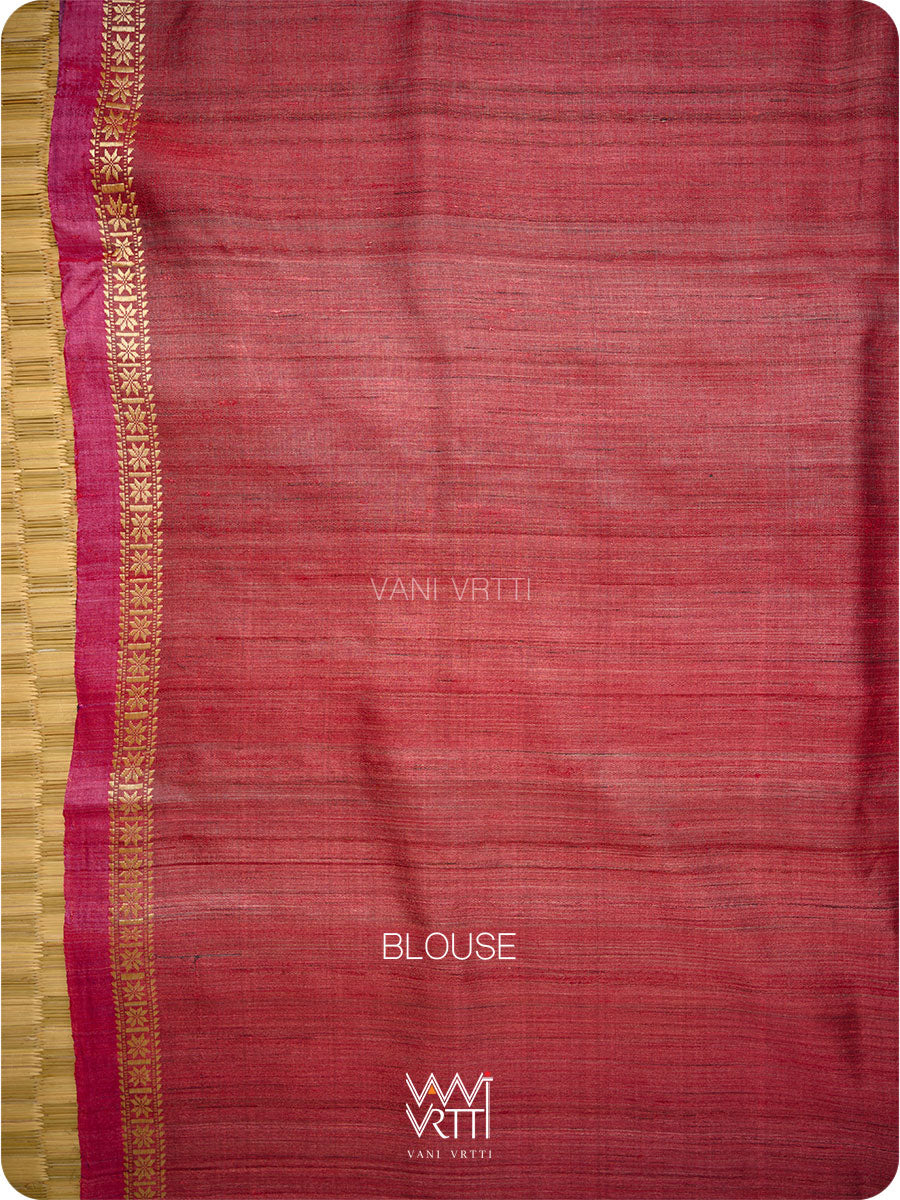 Black Red Pomegranate Ikat Handspun Tussar Silk Saree