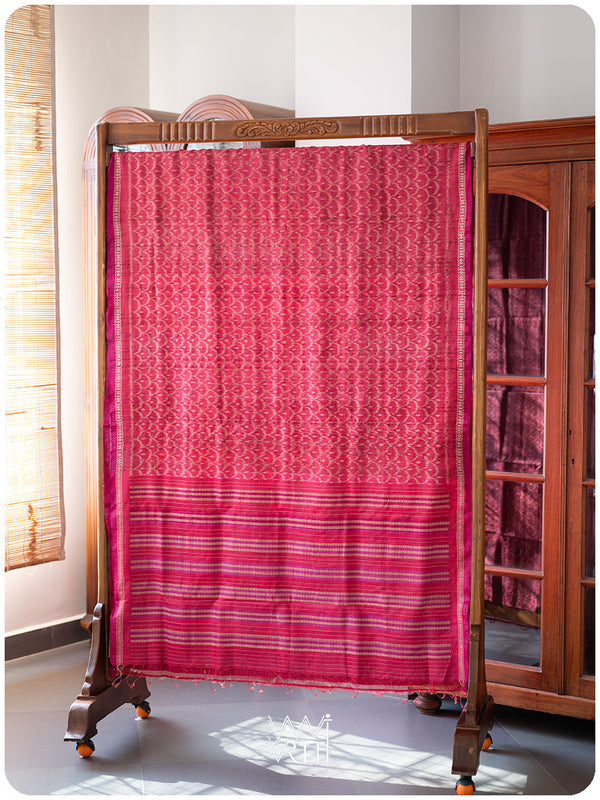 Pinkish Red Samudra Lahar Ikat Handspun Tussar Silk Saree
