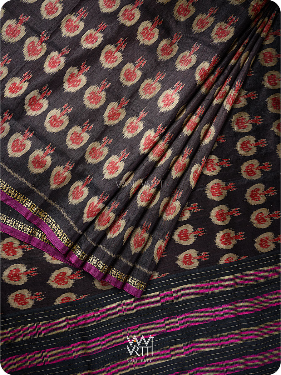 Black Red Pomegranate Ikat Handspun Tussar Silk Saree