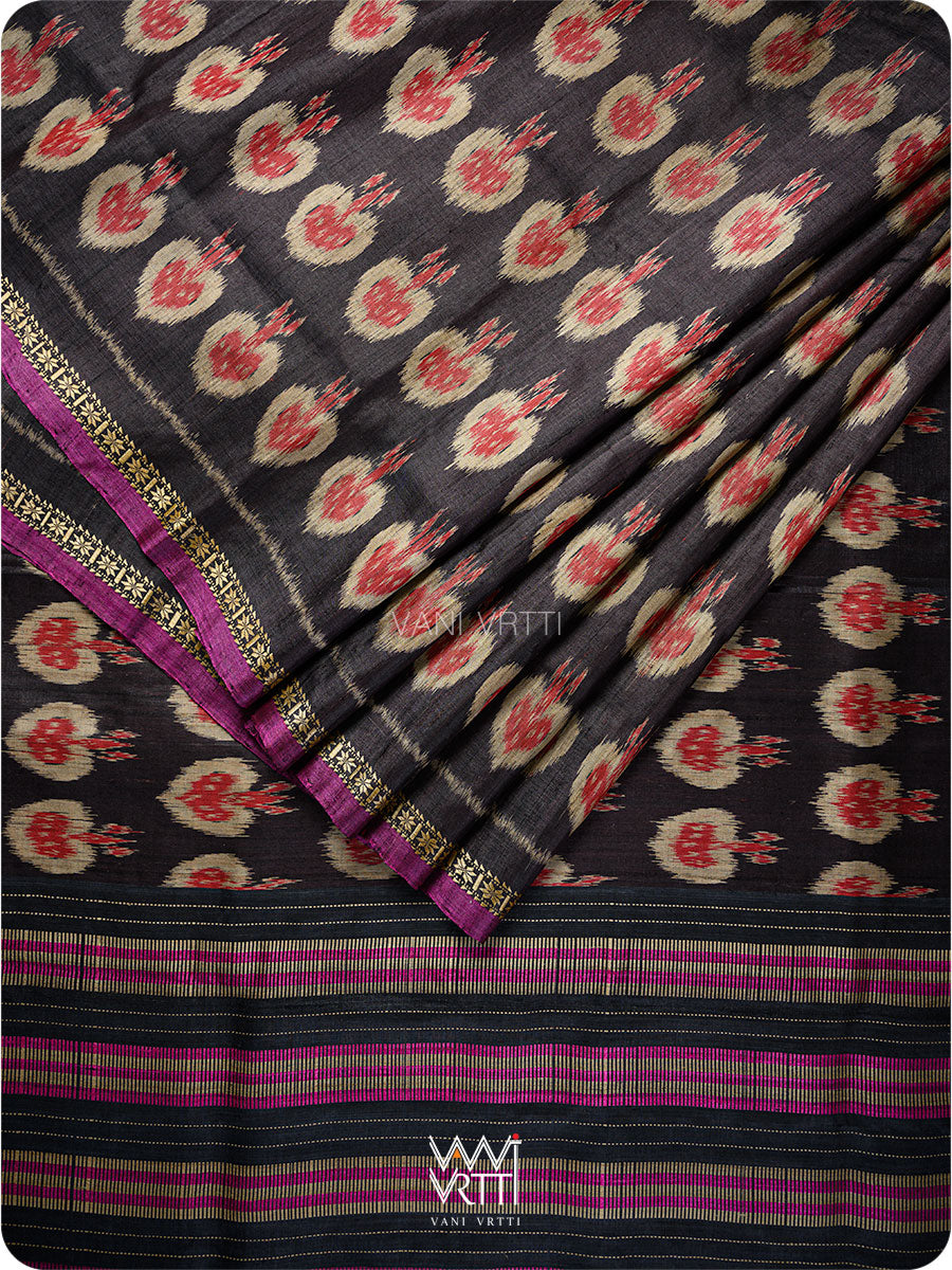 Black Red Pomegranate Ikat Handspun Tussar Silk Saree