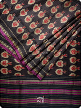 Black Red Pomegranate Ikat Handspun Tussar Silk Saree