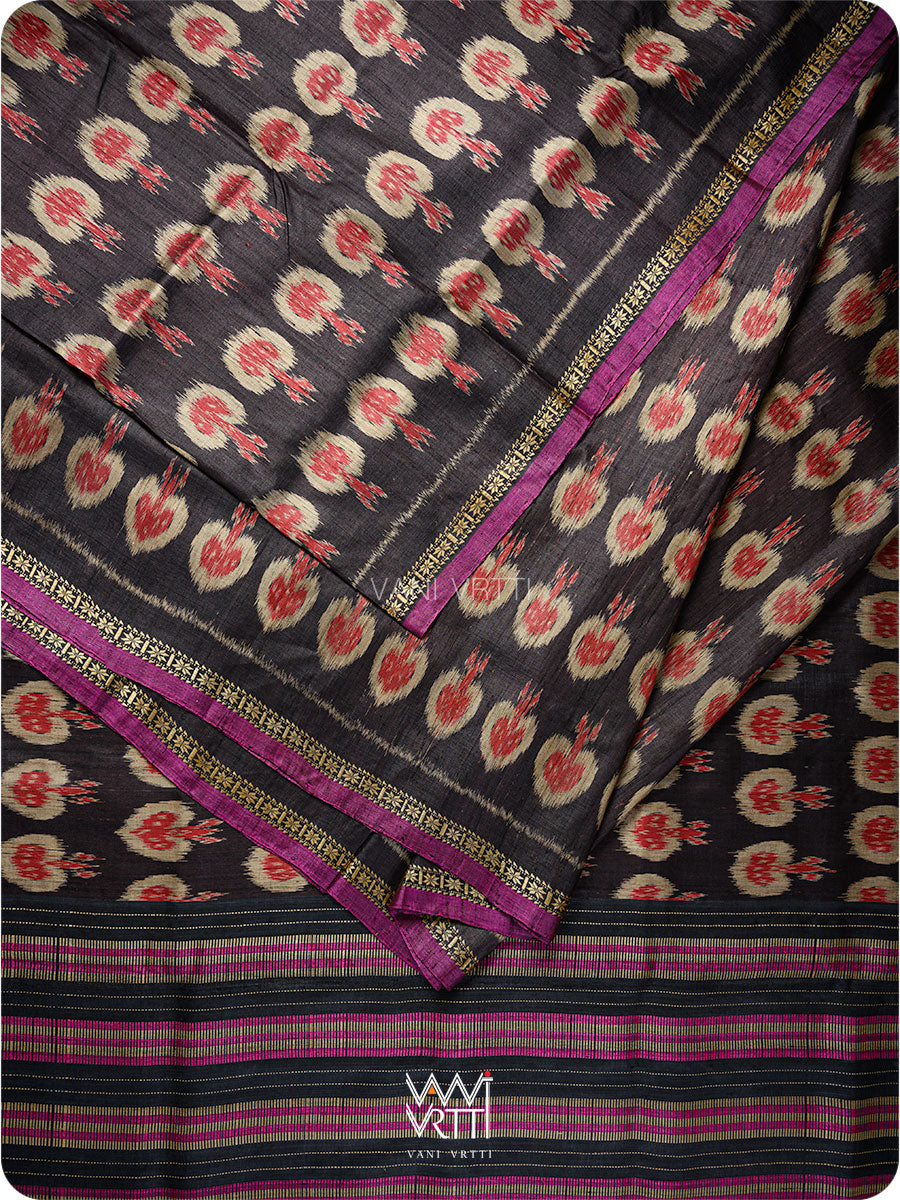 Black Red Pomegranate Ikat Handspun Tussar Silk Saree