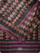 Black Red Pomegranate Ikat Handspun Tussar Silk Saree