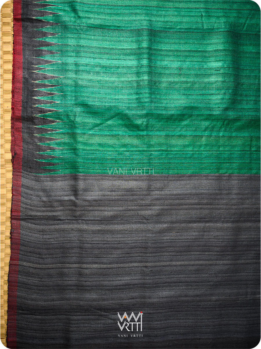 Emerald Green Black Gheecha Handspun Tussar Silk Saree