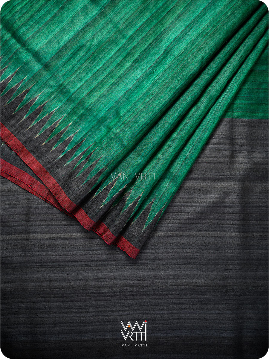 Emerald Green Black Gheecha Handspun Tussar Silk Saree