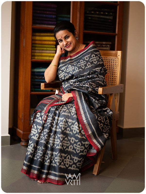 Black Ashok Phool Ikat Handspun Tussar Silk Sari