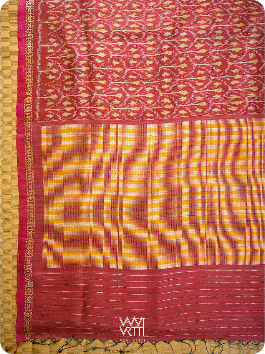 Maroon Iris Ikat Handspun Tussar Silk Sari