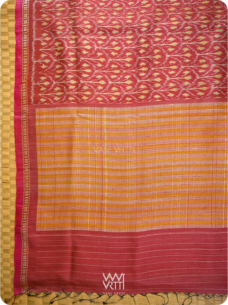 Maroon Iris Ikat Handspun Tussar Silk Sari