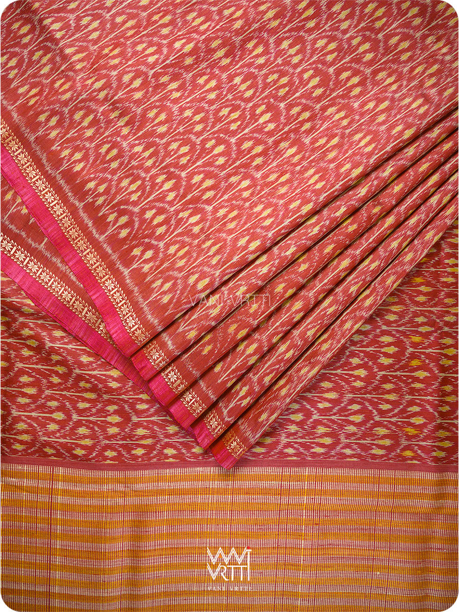 Maroon Iris Ikat Handspun Tussar Silk Sari