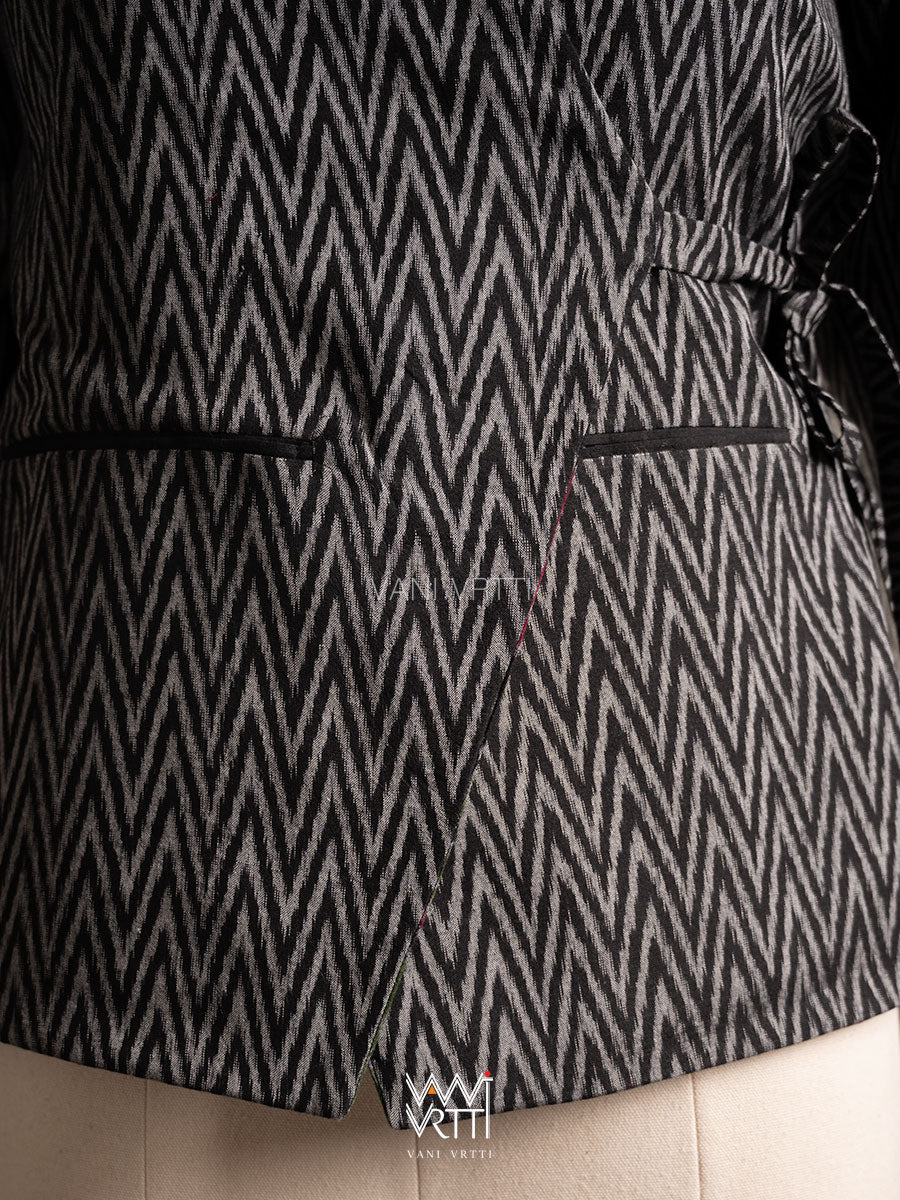 Black Lotus Parrot  Reversible Zig Zag Ikat Overlap Waist Length Jacket