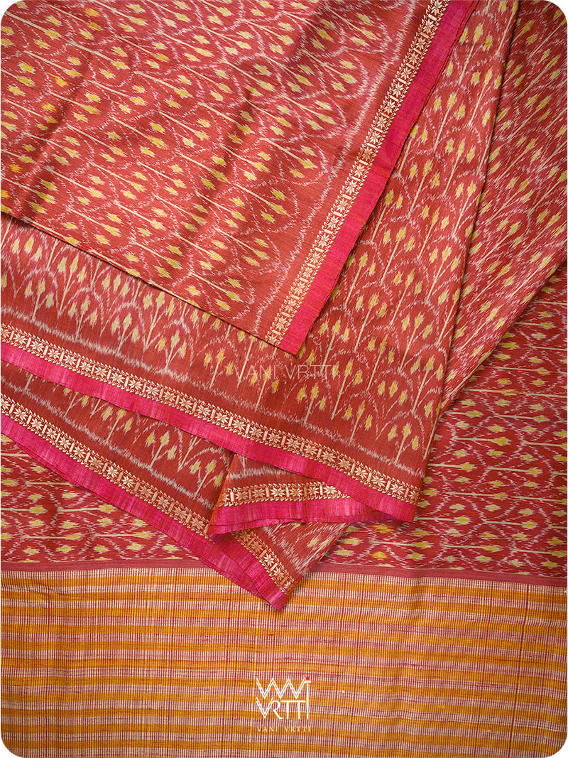 Maroon Iris Ikat Handspun Tussar Silk Sari