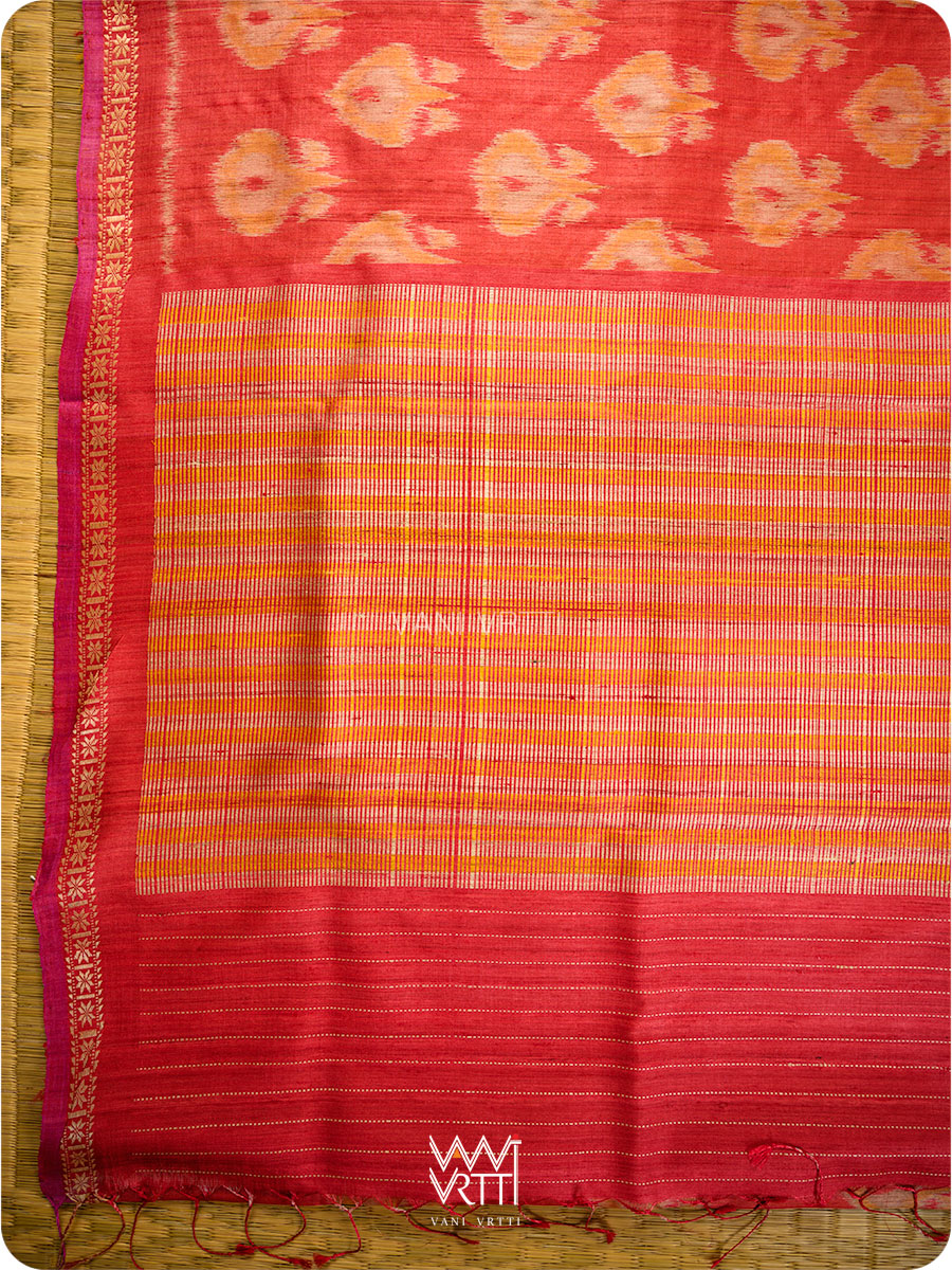 Red Orange Pomegranate Ikat Handspun Tussar Silk Saree