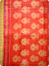 Red Orange Pomegranate Ikat Handspun Tussar Silk Saree