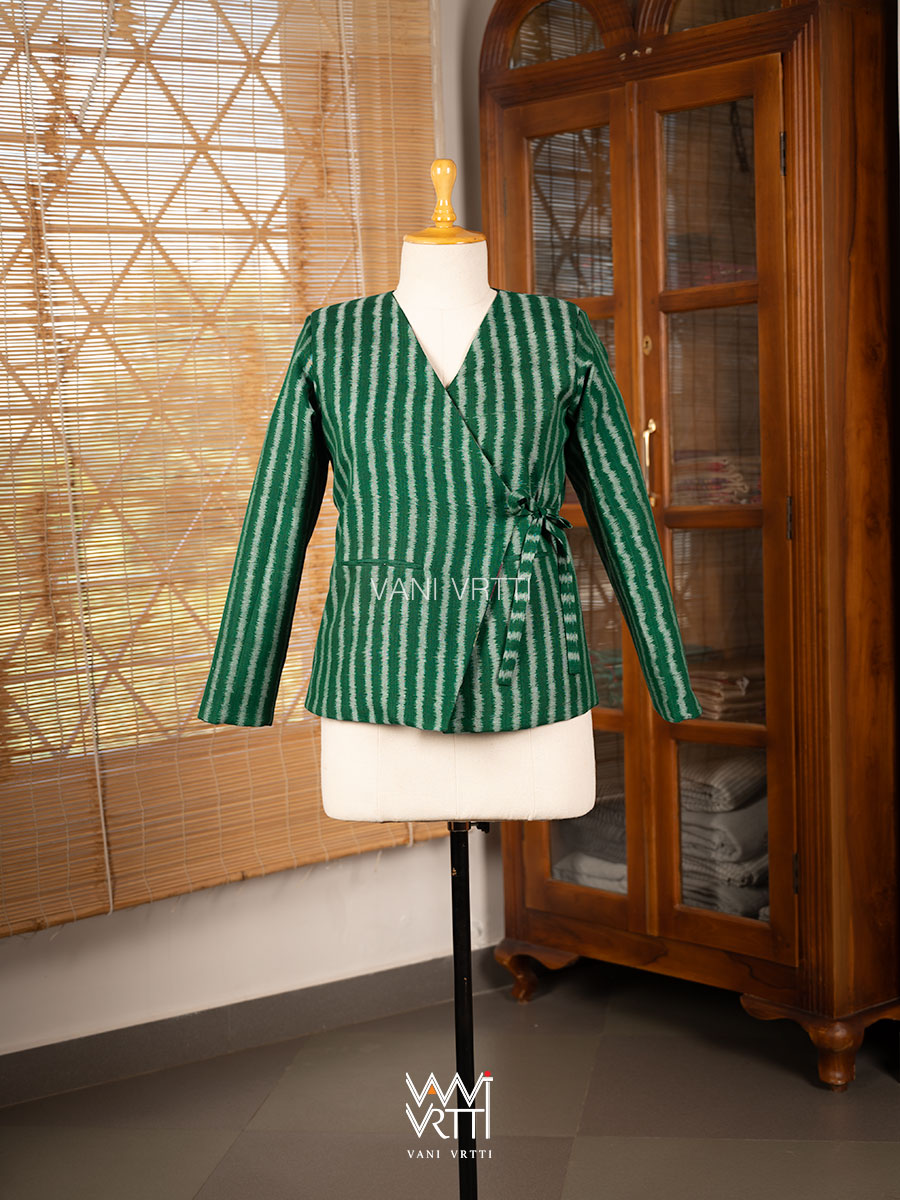 Bottle Green Lotus Parrot Reversible Parallel Ikat Overlap Waist Length Jacket