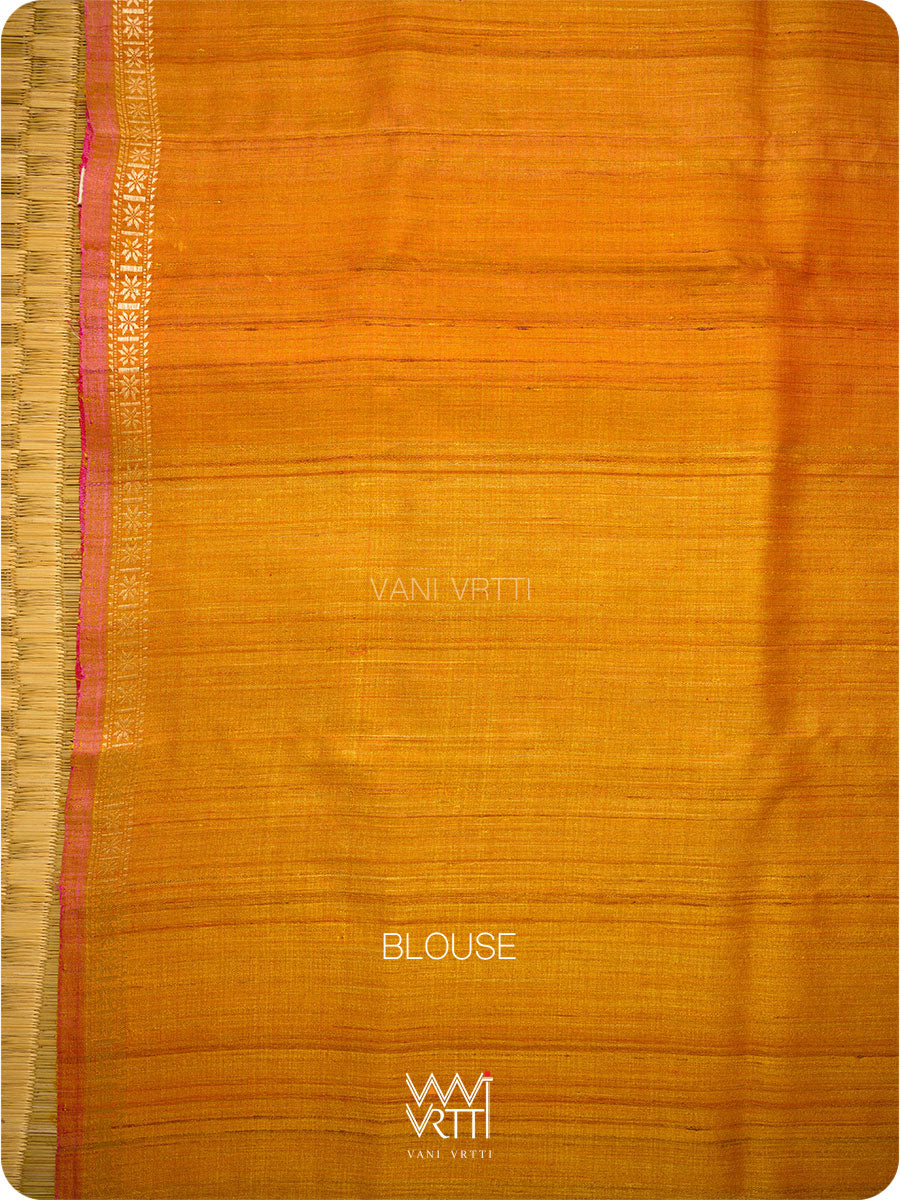 Red Orange Pomegranate Ikat Handspun Tussar Silk Saree