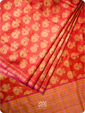 Red Orange Pomegranate Ikat Handspun Tussar Silk Saree