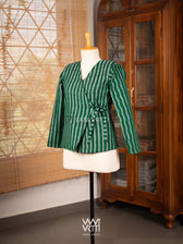 Bottle Green Lotus Parrot Reversible Parallel Ikat Overlap Waist Length Jacket