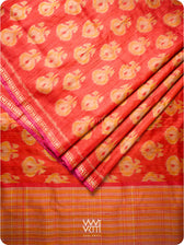 Red Orange Pomegranate Ikat Handspun Tussar Silk Saree
