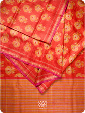 Red Orange Pomegranate Ikat Handspun Tussar Silk Saree