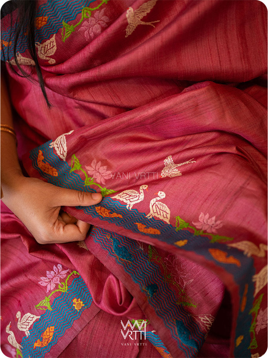 Deep Wine Chilika Master Weave Exclusive Handspun Tussar Silk Saree