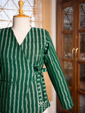 Bottle Green Lotus Parrot Reversible Parallel Ikat Overlap Waist Length Jacket