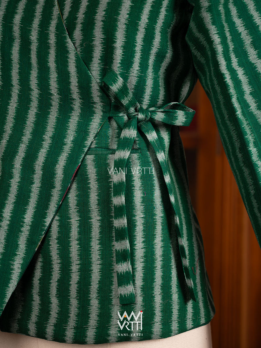 Bottle Green Lotus Parrot Reversible Parallel Ikat Overlap Waist Length Jacket