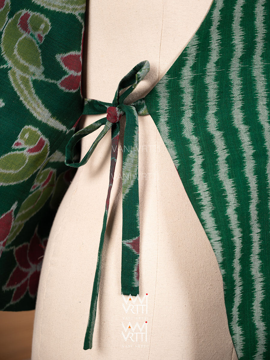 Bottle Green Lotus Parrot Reversible Parallel Ikat Overlap Waist Length Jacket