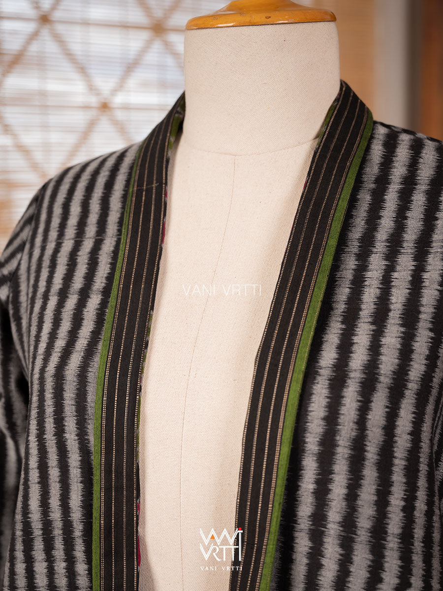 Black Lotus Parrot Reversible Parallel Ikat Kimono Collar Tunic Jacket