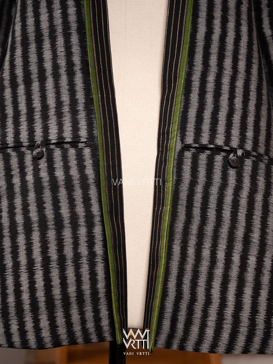 Black Lotus Parrot Reversible Parallel Ikat Kimono Collar Tunic Jacket