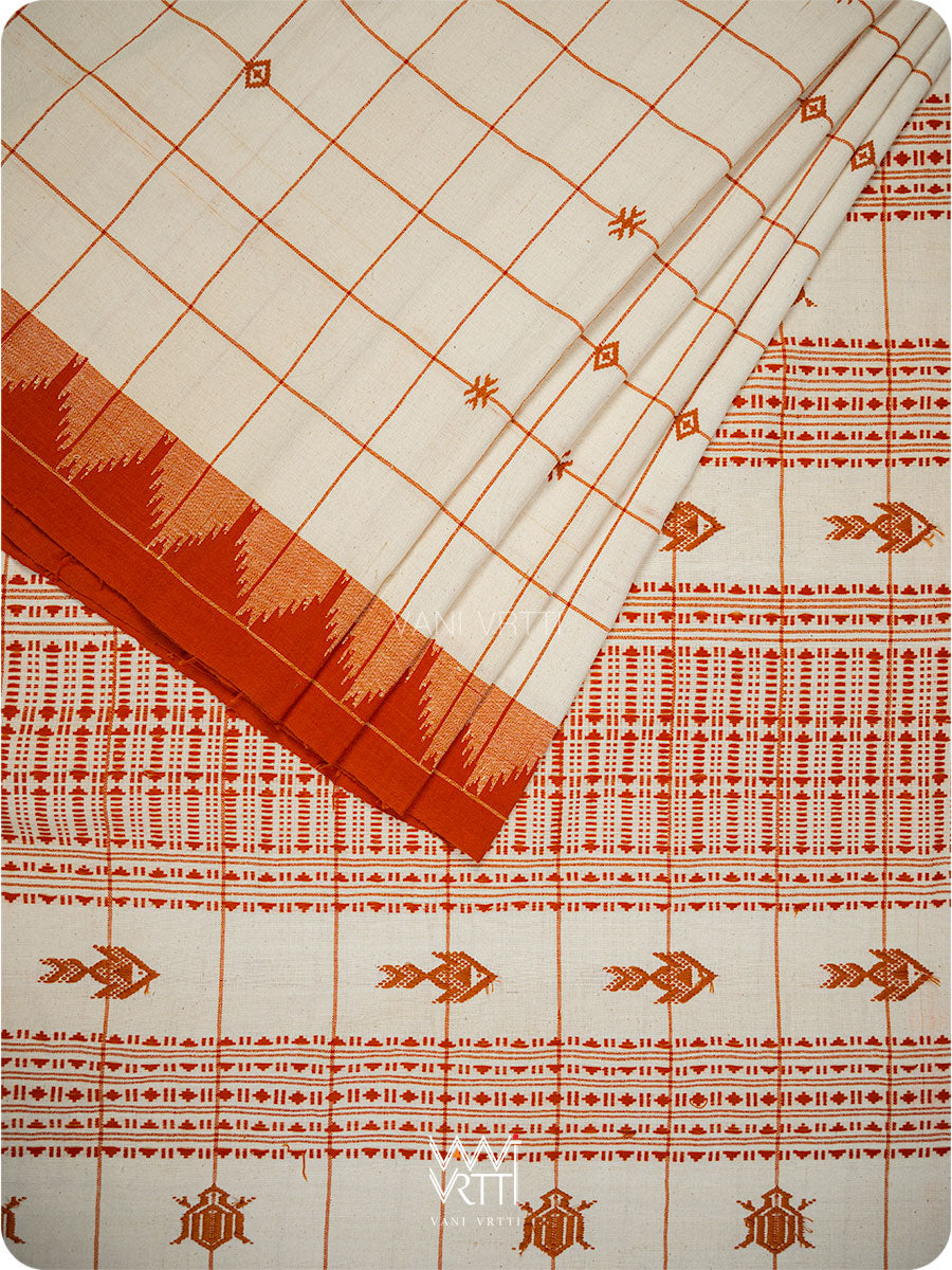 Off White Palash Orange Checks Medium Cotton Kotpad Saree