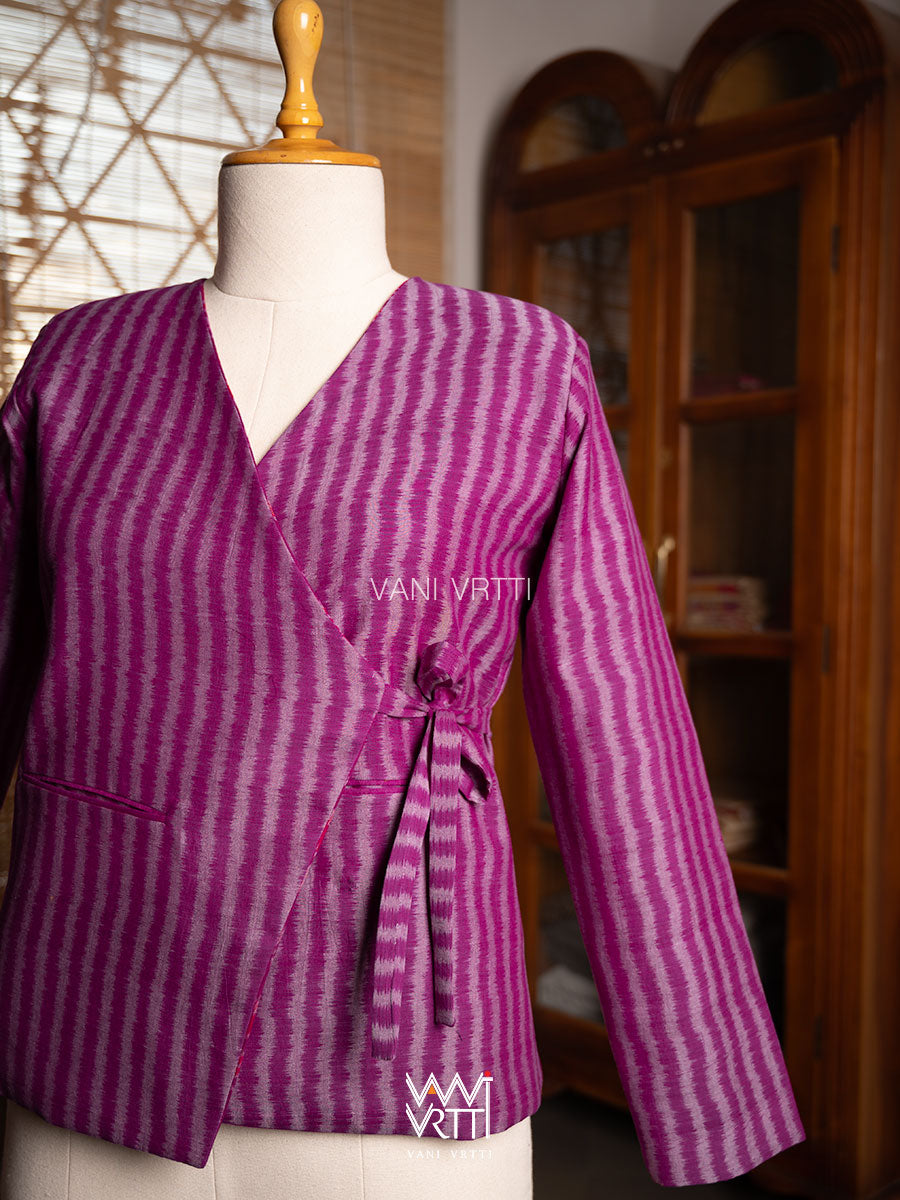 Pink Laal Jaba Reversible Parallel Ikat Overlap Waist Length Jacket