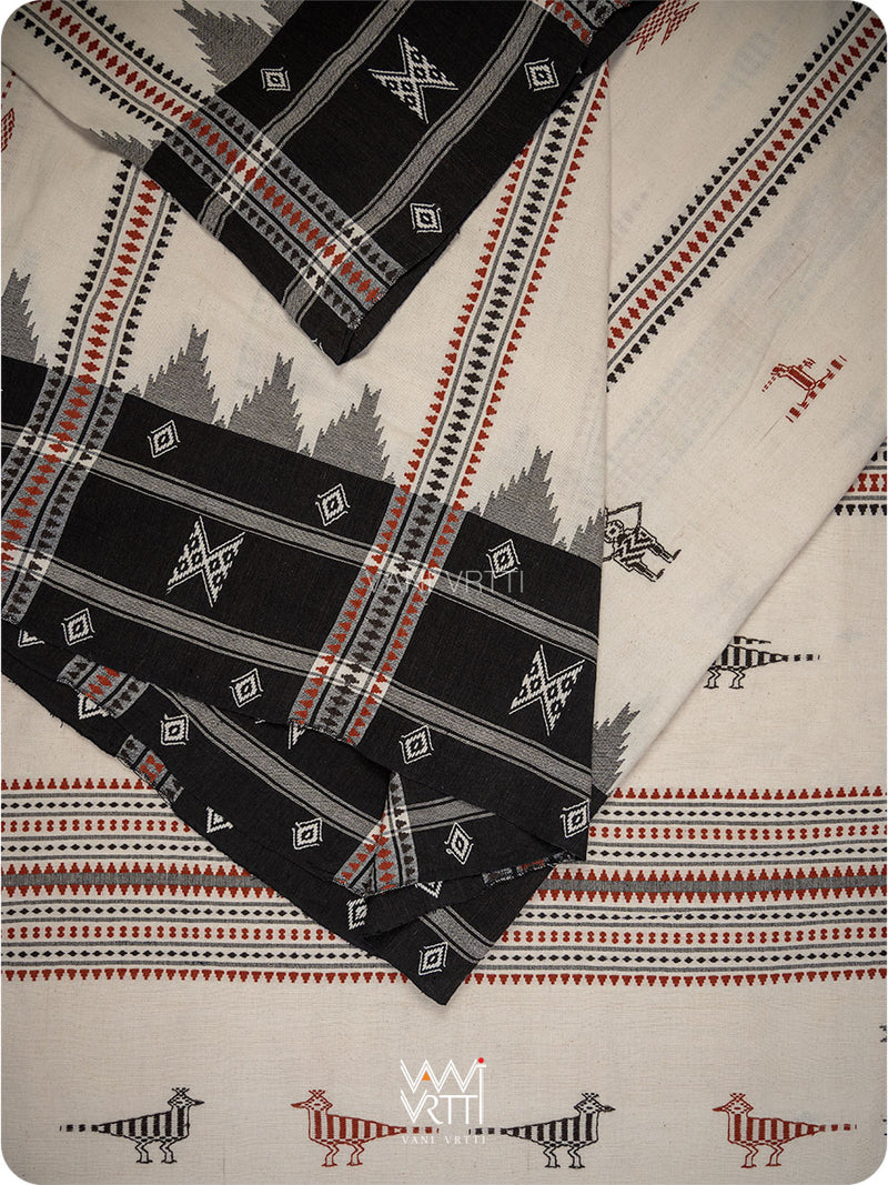 Off White Black Tribal Masterweave Heavy Cotton Kotpad Saree