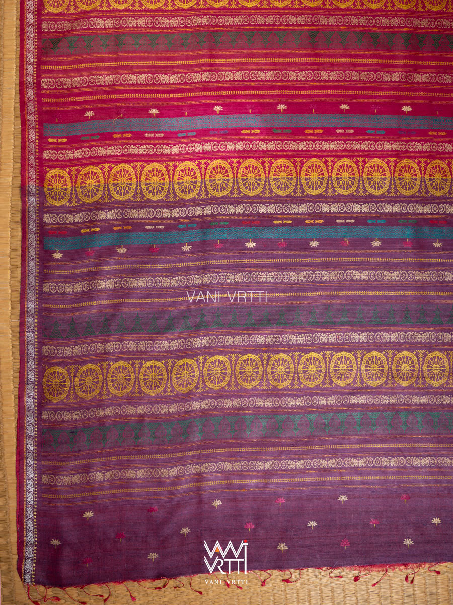 Natural Tussar Pink Purple Ganga Jamuna Airavata Konark Double Palla Handspun Tussar Silk Saree