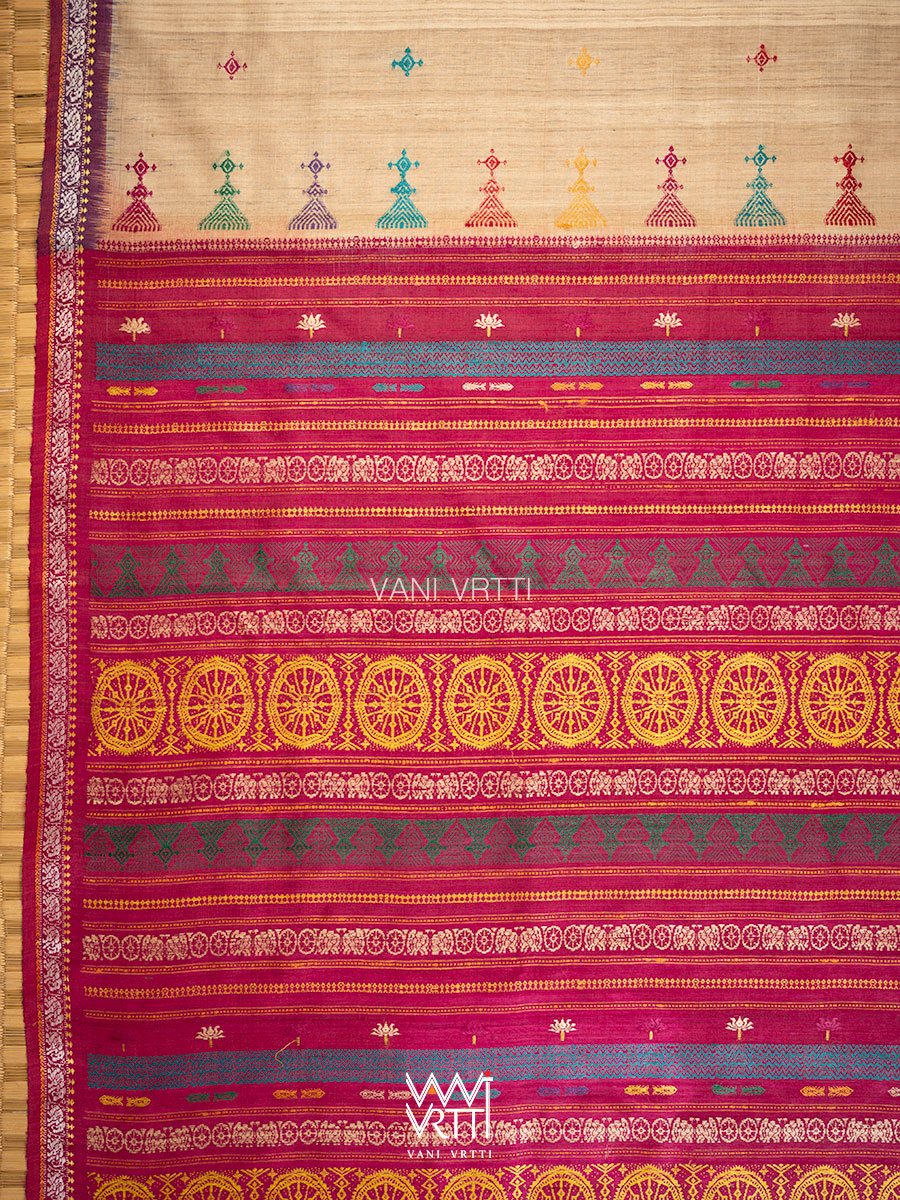 Natural Tussar Pink Purple Ganga Jamuna Airavata Konark Double Palla Handspun Tussar Silk Saree
