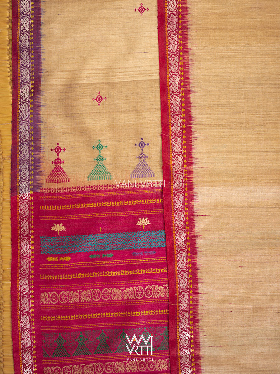 Natural Tussar Pink Purple Ganga Jamuna Airavata Konark Double Palla Handspun Tussar Silk Saree