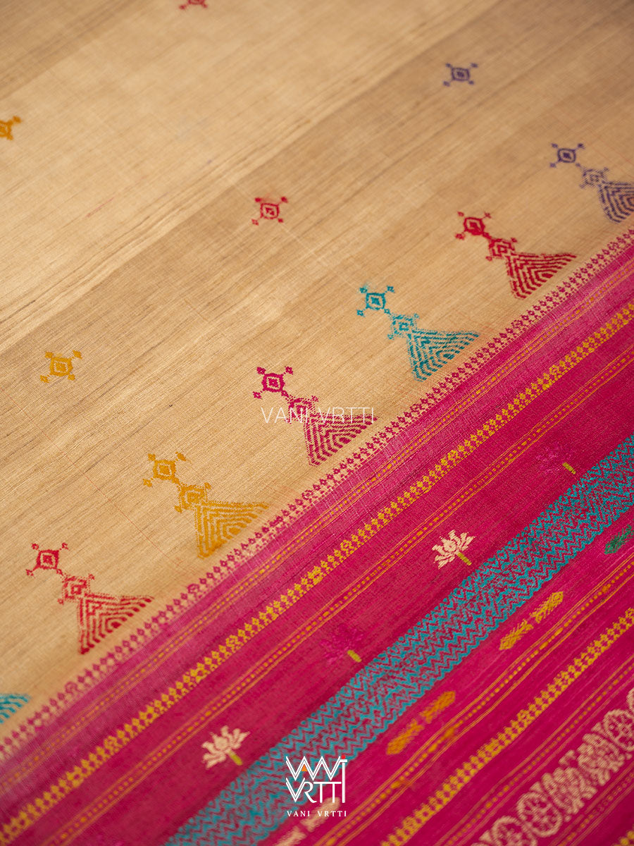 Natural Tussar Pink Purple Ganga Jamuna Airavata Konark Double Palla Handspun Tussar Silk Saree