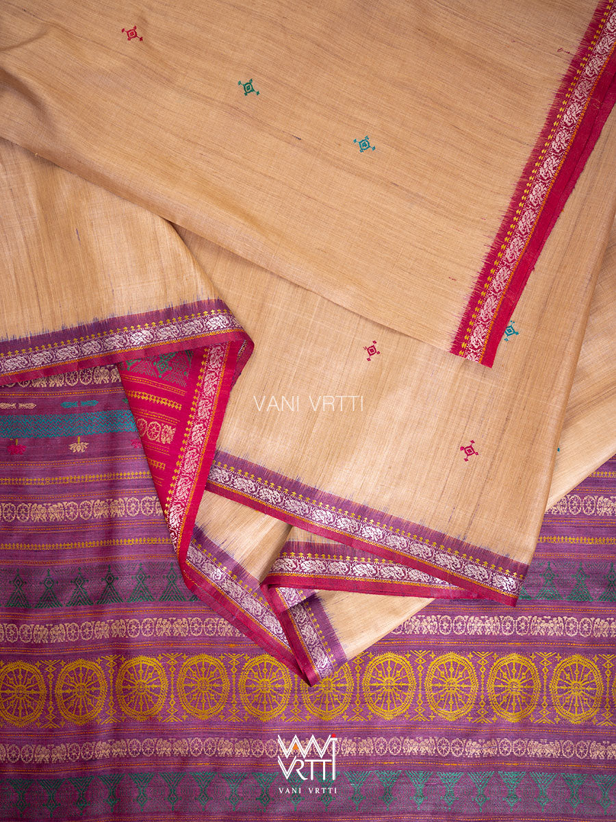 Natural Tussar Pink Purple Ganga Jamuna Airavata Konark Double Palla Handspun Tussar Silk Saree