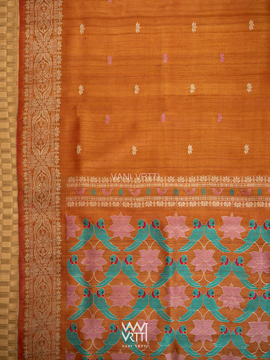 Rust Red Lotus Parrot Jaal Designer Exclusive Handspun Handwoven Tussar Silk Saree