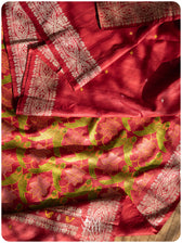Red Lotus Parrot Jaal Designer Exclusive Handspun Handwoven Tussar Silk Saree