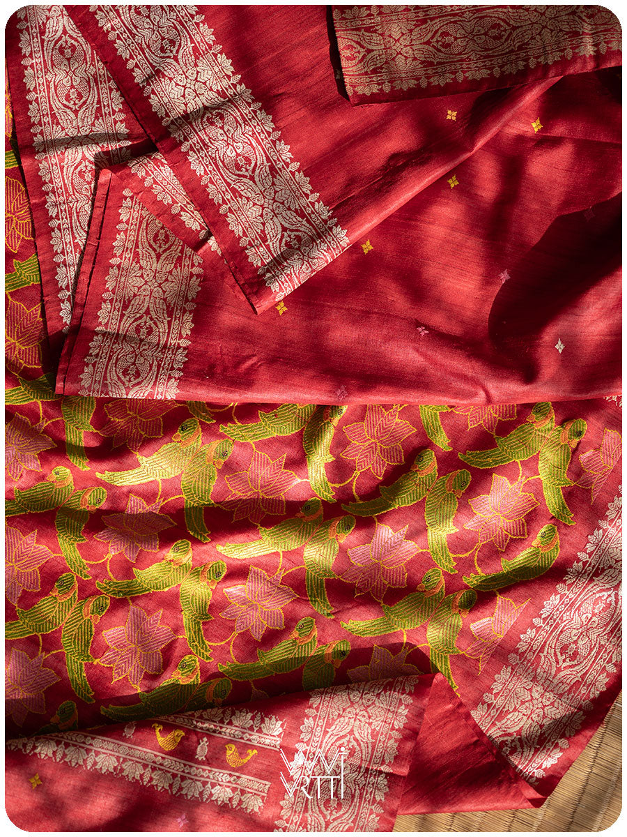 Red Lotus Parrot Jaal Designer Exclusive Handspun Handwoven Tussar Silk Saree