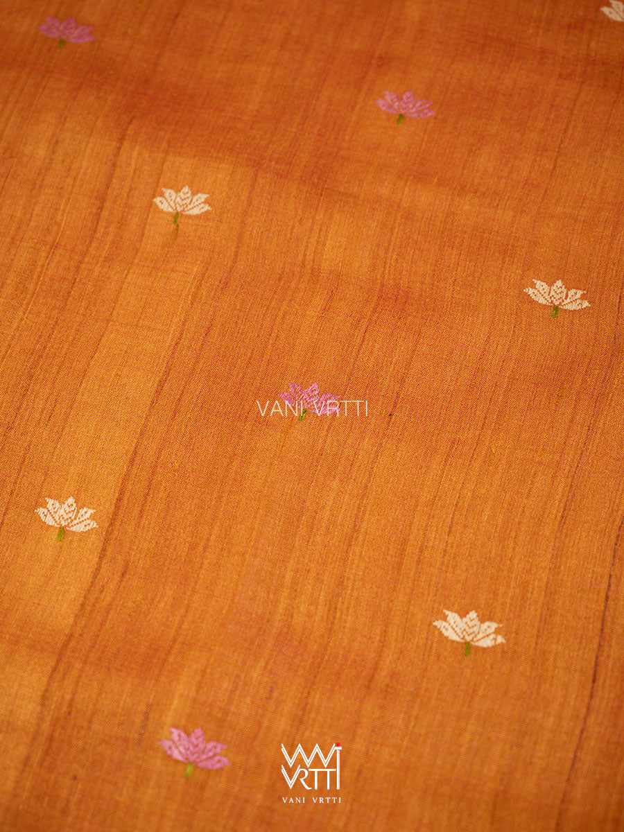 Rust Red Lotus Parrot Jaal Designer Exclusive Handspun Handwoven Tussar Silk Saree