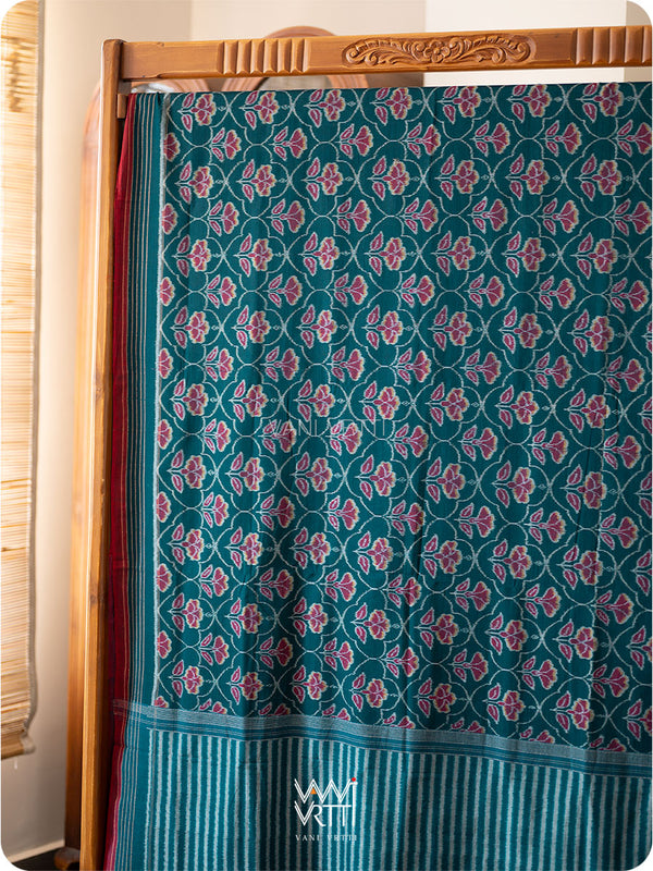 Deep Peacock Green Laal Jaba Single Ikat Fine Cotton Saree