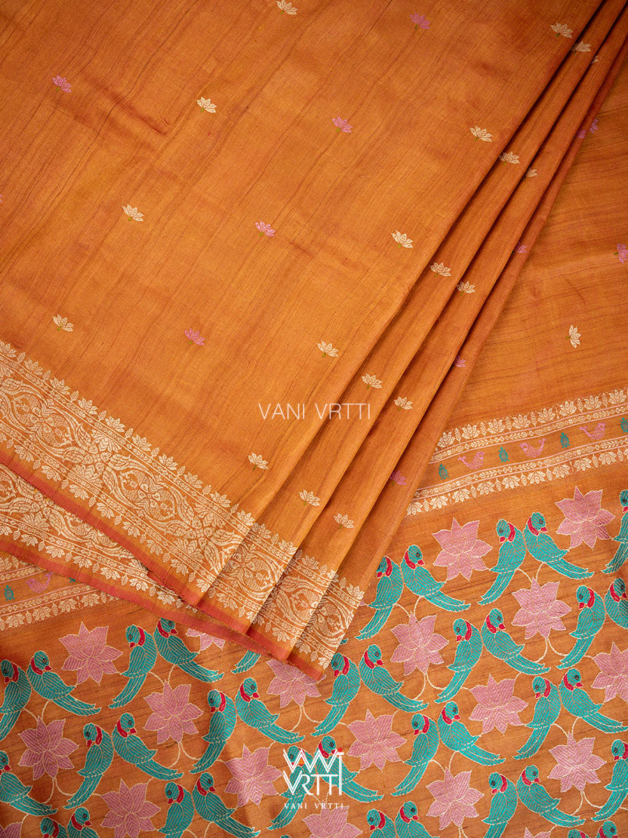 Rust Red Lotus Parrot Jaal Designer Exclusive Handspun Handwoven Tussar Silk Saree
