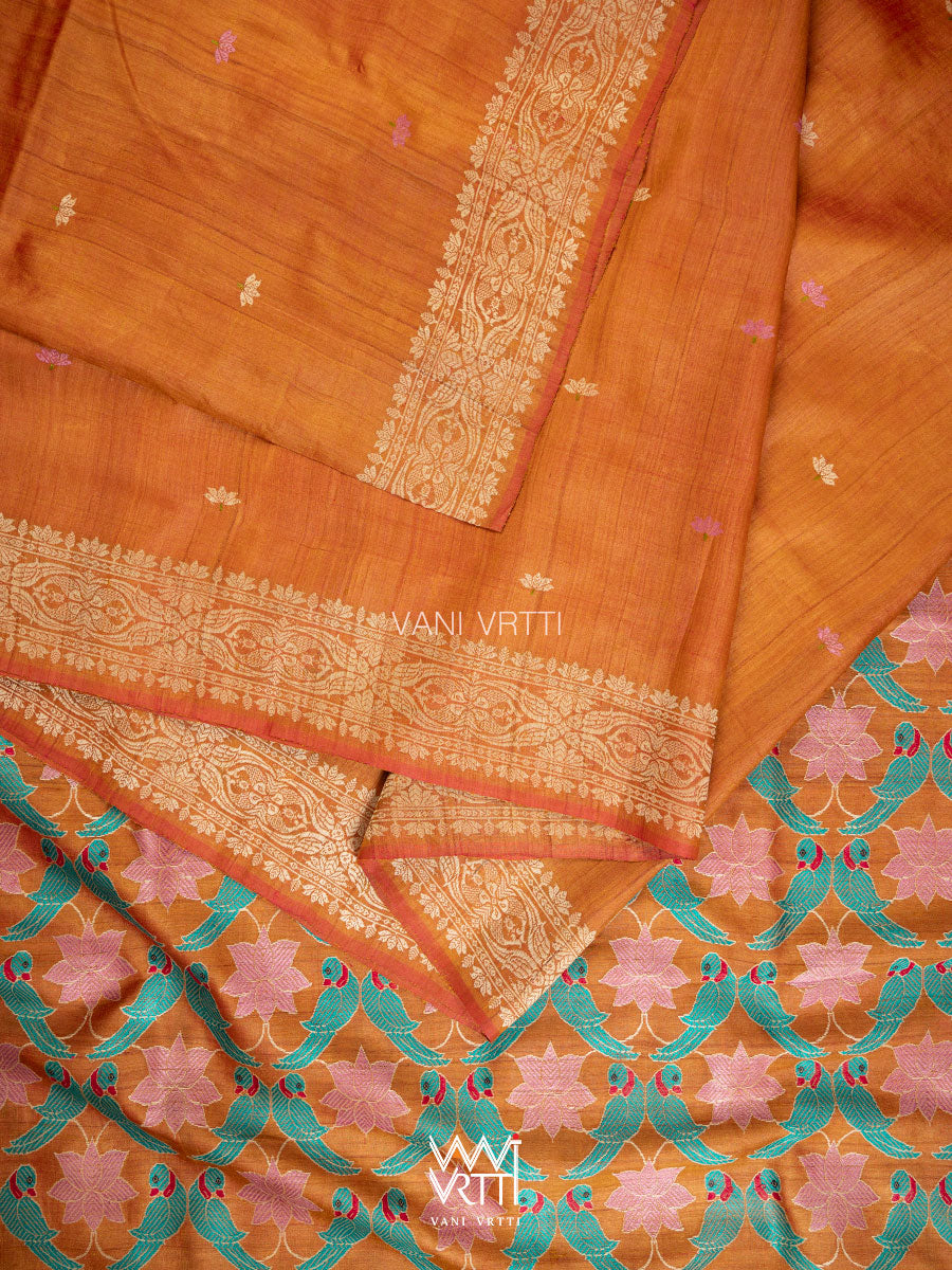 Rust Red Lotus Parrot Jaal Designer Exclusive Handspun Handwoven Tussar Silk Saree