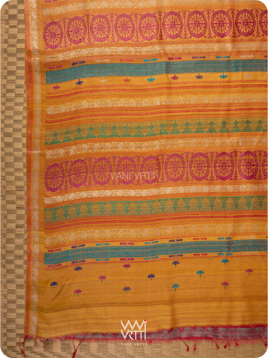 Double pallu of red and mustard Konark saree with handwoven lotus flowers and Airavata border