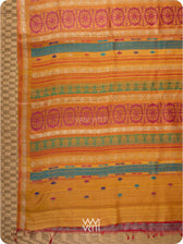 Double pallu of red and mustard Konark saree with handwoven lotus flowers and Airavata border