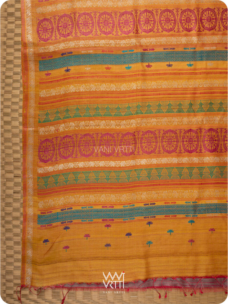 Double pallu of red and mustard Konark saree with handwoven lotus flowers and Airavata border