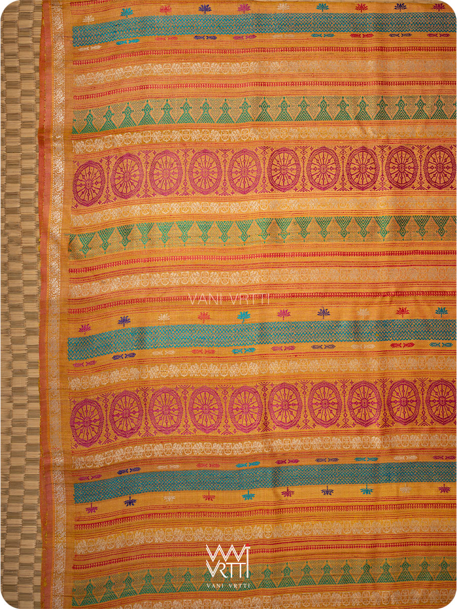 Double pallu detail showing Airavata elephant border and lotus motifs in red and mustard
