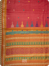 Body close up of red and mustard tussar silk saree with Konark Sun Temple inspired motifs