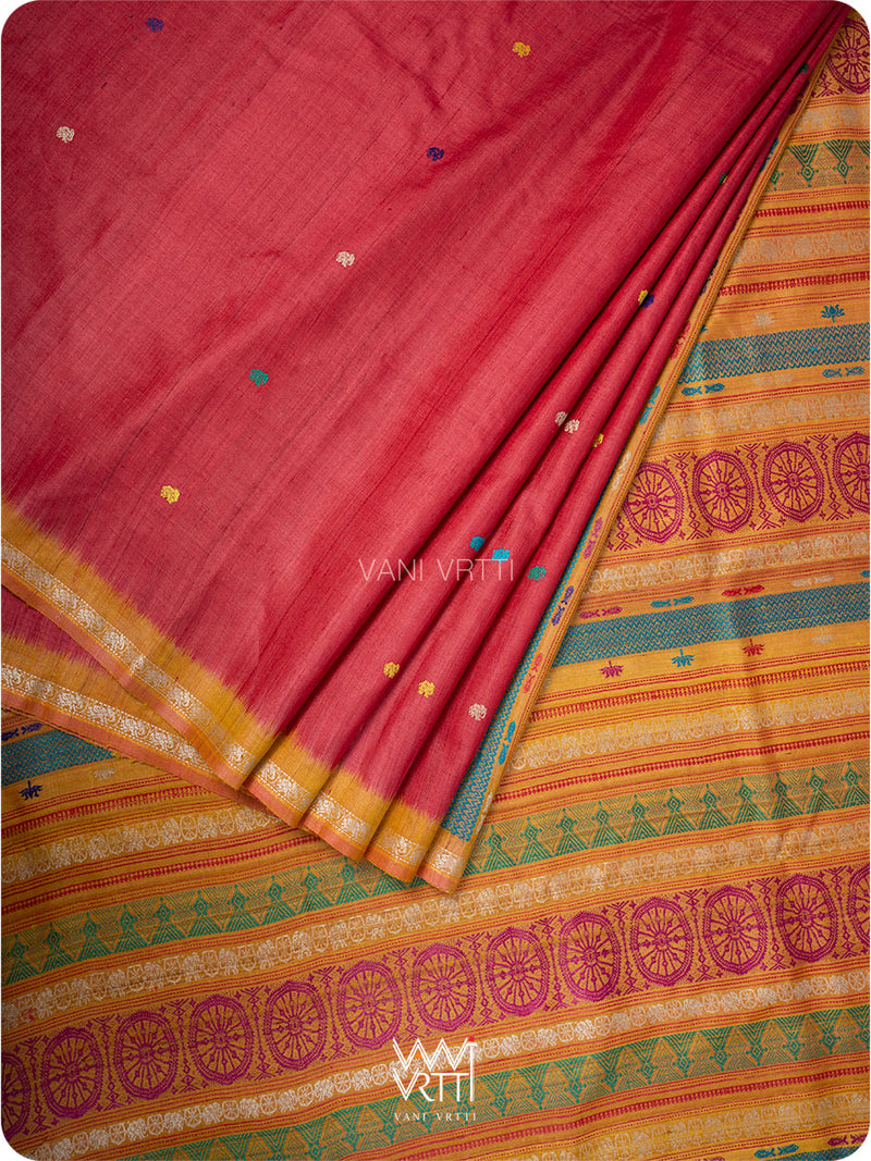 Red and mustard handspun tussar silk saree with Konark temple motifs, full view